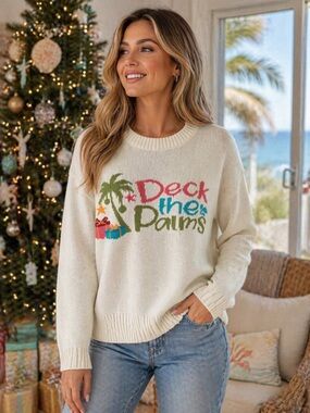 Pearls & Camo Deck the Palms Christmas Sweater Medium NWT